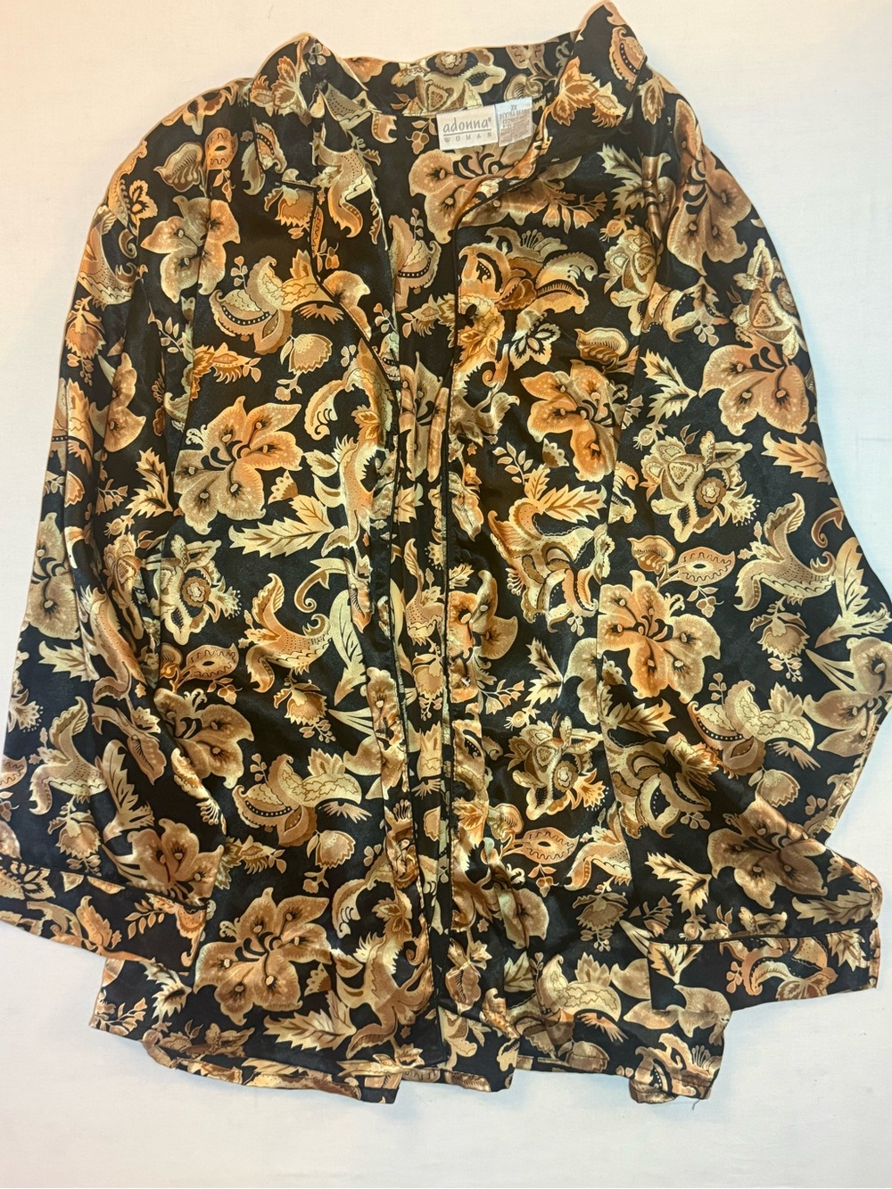 Vintage Adonna Black and Gold Floral-Print Button Down Shirt